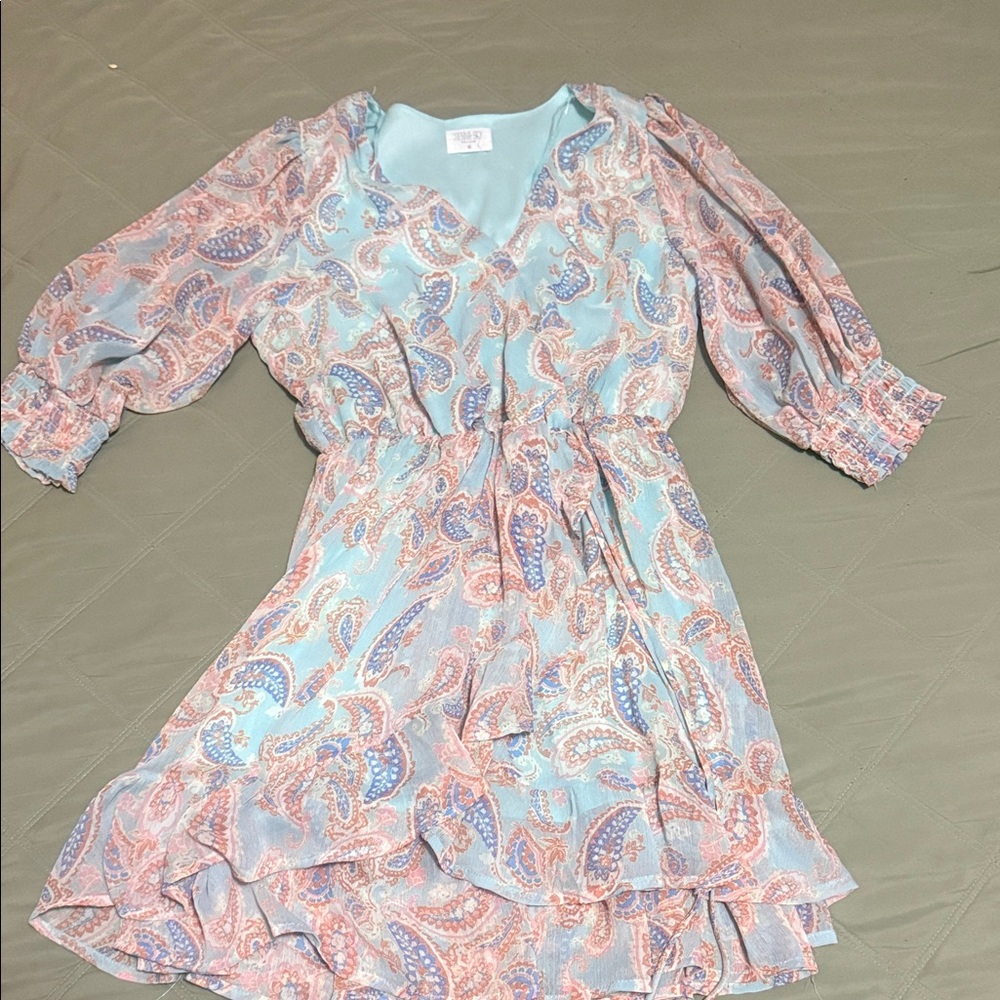 Sienna Sky Blue and Pink Paisley Long Sleeve Dress